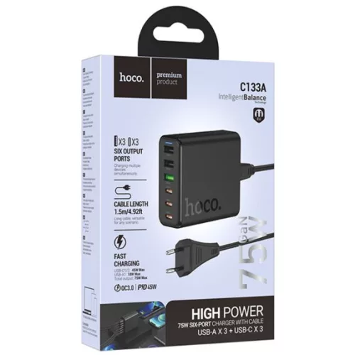 Incarcator priza multiport Hoco C133A Earl, 3 x USB + 3 x Type-C, statie incarcare 75W, cablu 1.5 m, negru