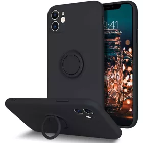   Husa Apple iPhone 11, Ring Silicone, suport sustinere rotativ, catifea in interior, neagra