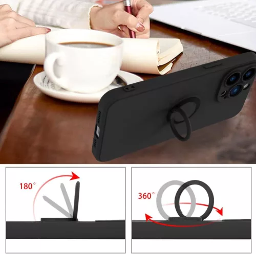 Husa Apple iPhone 11, Ring Silicone, suport sustinere rotativ, catifea in interior, neagra
