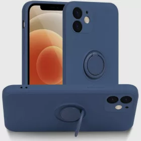   Husa Apple iPhone 12, Ring Silicone, suport sustinere rotativ, catifea in interior, albastru navi