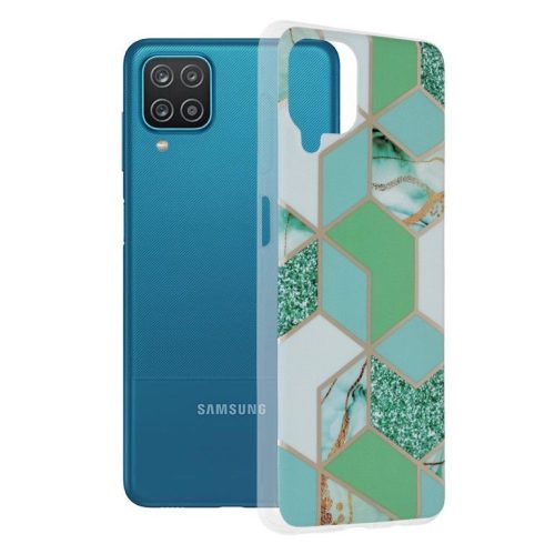 Husa protectie Samsung Galaxy A12, Marble Series, verde/auriu 