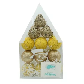   Set de 12 ornamente de brad, de tip glob, auriu/galben, din plastic, cu finisaj sclipitor