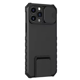   Husa Defender cu Stand pentru iPhone 12, Negru, Suport reglabil, Antisoc, Protectie glisanta pentru camera, Flippy