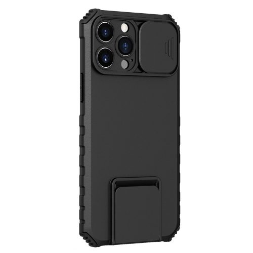 Husa Defender cu Stand pentru iPhone 12, Negru, Suport reglabil, Antisoc, Protectie glisanta pentru camera, Flippy