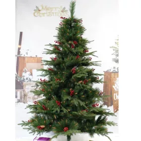   Brad artificial de Craciun decorat cu conuri pin rosii, interior/exterior, inaltime 120 cm, verde, suport de plastic inclus