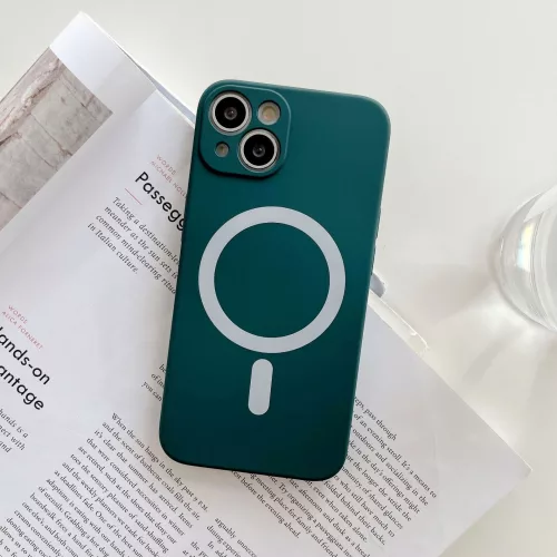 Husa Apple iPhone 13, Magsafe Silicone, protectie camera, microfibra, verde inchis