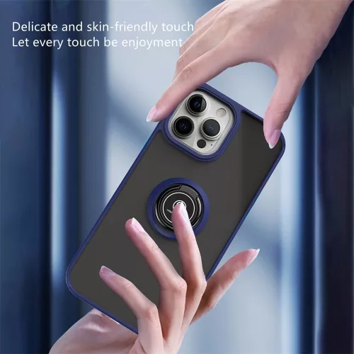 Husa protectie Apple iPhone 13, Metal Bracket, antisoc, inel sustinere, prindere magnetica, margini albastre
