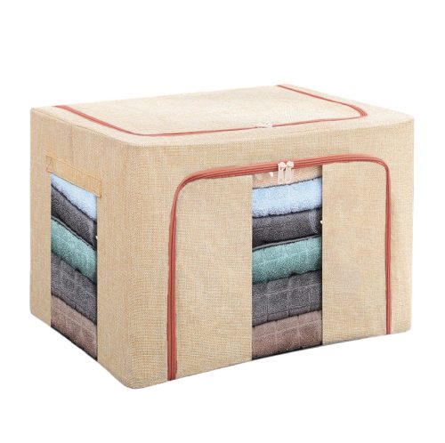 Cutie de depozitare pliabila cu fermoar, 100 litri, 60 X 42 X 40 cm, doua fereastre, cadru metalic, crem