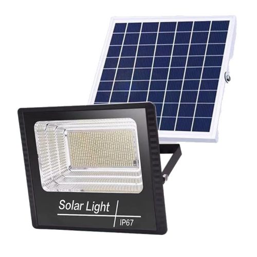 Proiector LED/Lampa solara de exterior, 15 cm x 20 cm, Rezistent la Apa IP67, cu Panou Solar, 114 LED SMD, 65W, Senzor de lumina, Timer, cu Telecomanda, 2 moduri de iluminat, kit montaj inclus,