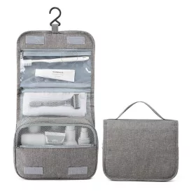   Geanta cosmetice voiaj, material panza, impermeabil, 3 compartimente, agatatoare, 47 x 28 x 20 cm, gri