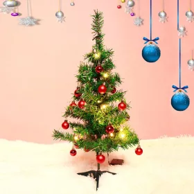   Brad artificial impodobit, 60 cm, suport plastic cu instalatie luminoasa 20 LED alb cald + 20 globuri rosii incluse