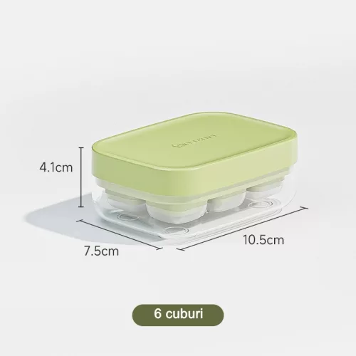Forma pentru gheata din silicon alimentar, 6 cuburi, caserola pentru depozitare, usor de folosit si curatat, 10.5 x 7.5 x 4.1 cm, verde