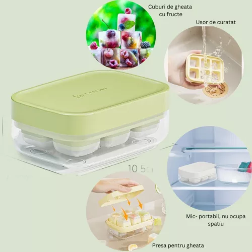 Forma pentru gheata din silicon alimentar, 6 cuburi, caserola pentru depozitare, usor de folosit si curatat, 10.5 x 7.5 x 4.1 cm, verde
