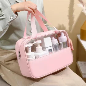   Geanta pentru cosmetice, Geanta pentru Voiaj sau Organizarea produselor Cosmetice, Geanta pentru Machiaj, din PVC si PU, 26 x 15 x 10 cm, Roz