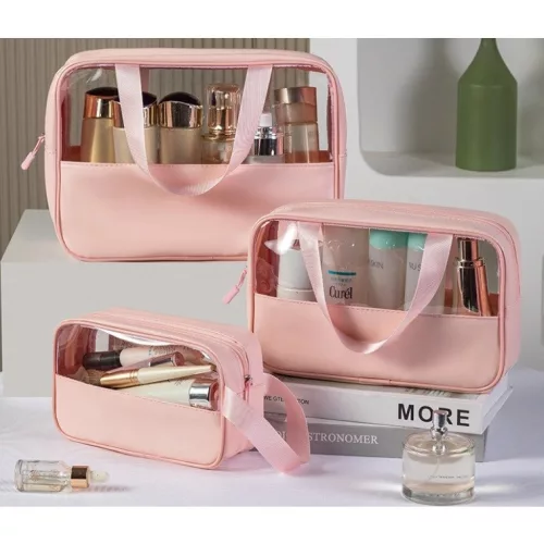 Geanta pentru cosmetice, Geanta pentru Voiaj sau Organizarea produselor Cosmetice, Geanta pentru Machiaj, din PVC si PU, 26 x 15 x 10 cm, Roz