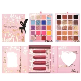   Set cosmetice Kevin & Coco, 4 Lip gloss, paleta farduri 40 culori nuante nude / rose, cutie cadou, Fara Sulfati, Pudra Compacta, Clasic, 17 x 14 x 5 cm, multicolor