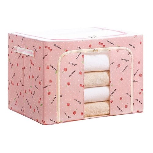 Cutie de depozitare pliabila cu fermoar, 100 litri, material textil, 60 X 42 X 40 cm, imprimeu cirese rosii