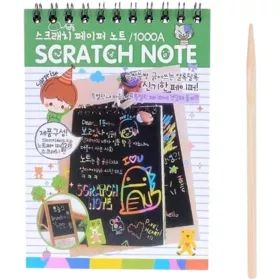   Caiet cu 10 fise razuibile DIY Magic Scratch, 14.5 x 10 cm, curcubeu, creion lemn, cartonase negre, verde