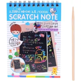   Caiet cu 10 fise razuibile DIY Magic Scratch, 14.5 x 10 cm, curcubeu, creion lemn, cartonase negre, albastru