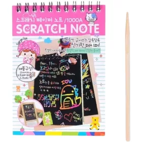   Caiet cu 10 fise razuibile DIY Magic Scratch, 14.5 x 10 cm, curcubeu, creion lemn, cartonase negre, roz