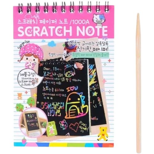 Caiet cu 10 fise razuibile DIY Magic Scratch, 14.5 x 10 cm, curcubeu, creion lemn, cartonase negre, roz
