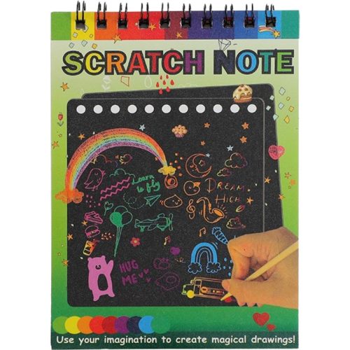 Caiet cu 10 fise razuibile DIY Magic Scratch, 14 x 10 cm, curcubeu, creion lemn, cartonase negre, verde