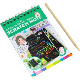   Caiet cu 10 fise razuibile DIY Magic Scratch, 14 x 10 cm, curcubeu, creion lemn, cartonase negre, verde deschis