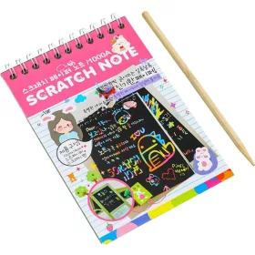   Caiet cu 10 fise razuibile DIY Magic Scratch, 14 x 10 cm, curcubeu, creion lemn, cartonase negre, roz deschis