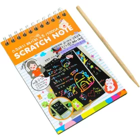   Caiet cu 10 fise razuibile DIY Magic Scratch, 14 x 10 cm, curcubeu, creion lemn, cartonase negre, portocaliu