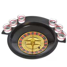   Joc de Baut Ruleta , cu 6 Pahare de Shot din Sticla , 30 x 26.5 x 6.5 cm, Rosu/Negruu