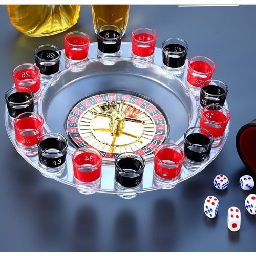 Joc de Baut Ruleta , cu 16 Pahare de Shot din Sticla , 30 x 30 x 5.5 cm, model 2, Rosu/Negru