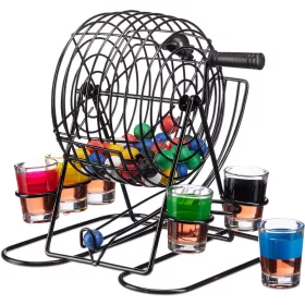   Joc Mini Loterie , Bingo, cu Pahare de Shot din Sticla, 20 x 20 x 19 cm, 48 Bile, Negru