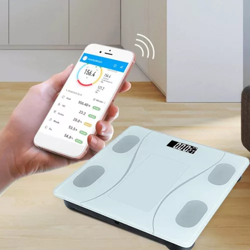 Cantarul corporal electronic RT-002, multiple functii, conectare aplicatie prin bluetooth, baterii, alb