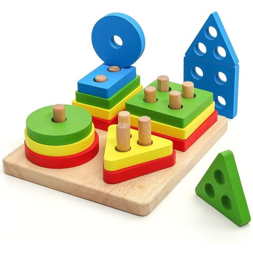 Jucarie Educativa Flippy, Tip Montessori, din Lemn, + 36 Luni, Forme Geometrice, 16 Piese, 12 x 12 cm, Multicolor