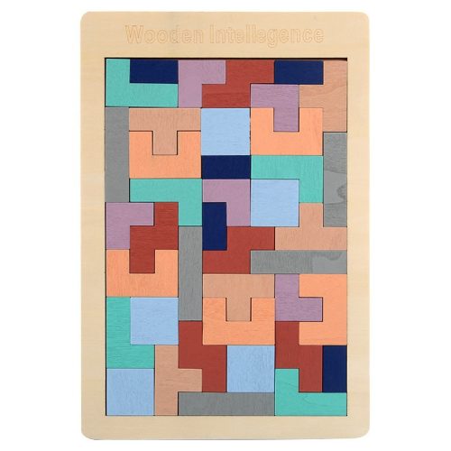 Puzzle Montessori, din Lemn, Tip Tetris, +36 Luni, Forme Neregulate, 40 Piese, 26.5 x 17.7 cm, Multicolor Pastelat