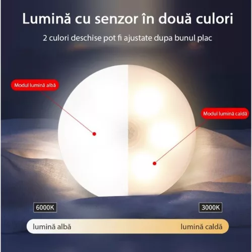 Lampa LED, cu senzor de miscare, Lumina alb cald si rece, Incarcare USB, 8.5 x 2.3 cm