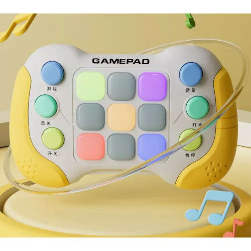 Jucarie Interactiva tip consola Pop It, 6 butoane functionale, 5 Moduri de Joc, 600 Niveluri, +3 ani, galben/gri