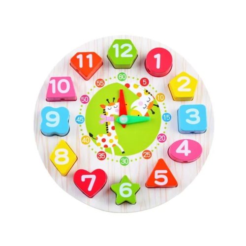 Jucarie Educativa model Ceas Girafa, tip Montessori, lemn, 12 Piese, 17 cm, multicolor