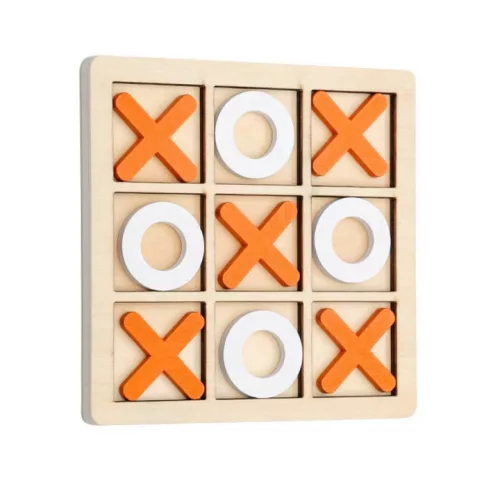 Jucarie tip Montessori "X si O", 9 piese, lemn, portocaliu/alb