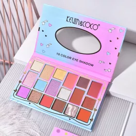   Paleta de machiaj KEVIN & COCO, Pink Blue, fard de pleoape, 18 culori, 19.3 x 12 x 1.4 cm