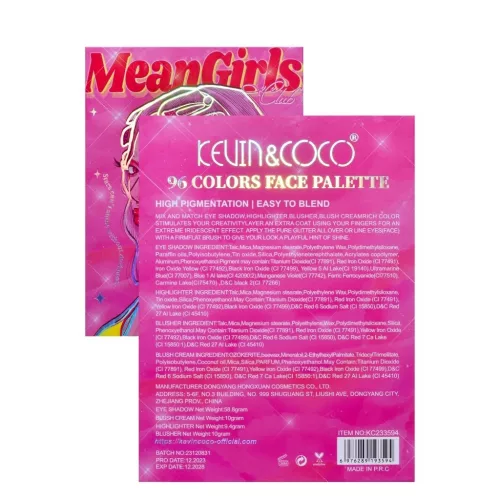 Trusa de Machiaj KEVIN & COCO, Mean Girl Heart, fard de pleoape, Iluminator, blush cremos, 96 culori, 21 x 15.7 x 2.4 cm