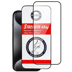   Folie de sticla Apple iPhone 15 Pro Max, Full Glue USG, rezistenta 45 kg, margini negre