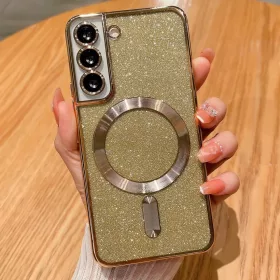   Husa Samsung Galaxy S23, Electroplating Magsafe Glitter TPU, protectii lentile camere, aurie