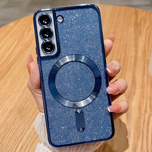 Husa Samsung Galaxy S21 FE, Electroplating Magsafe Glitter TPU, protectii lentile camere, albastru marin