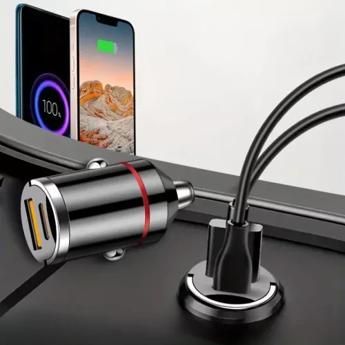 Incarcator auto cu 1 port PD/Type C 30W si 1 port USB QC 3.0, incarcare rapida, negru