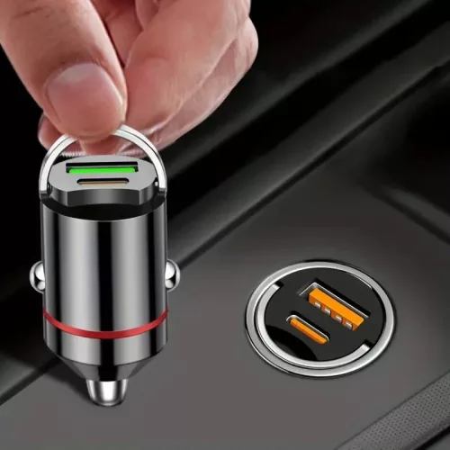 Incarcator auto cu 1 port PD/Type C 30W si 1 port USB QC 3.0, incarcare rapida, negru