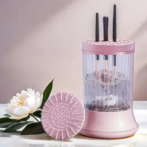 Dispozitiv Portabil de Curatare a Pensulelor de Machiaj,  pentru Pensule de Diferite Dimensiuni, 5V, 7000RPM, Vibratii Sonice, USB Type C, 9x9x16 cm, Roz