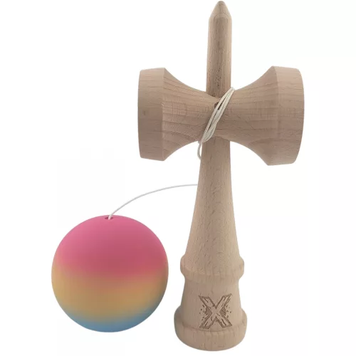 Jucarie lemn Kendama X, originala, profesionala, Rubber Grip, roz/galben/albastru