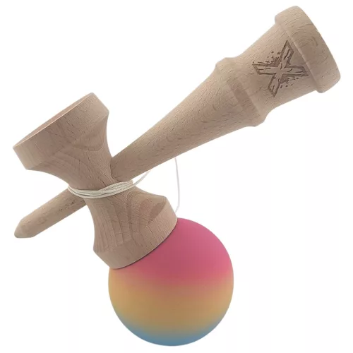 Jucarie lemn Kendama X, originala, profesionala, Rubber Grip, roz/galben/albastru