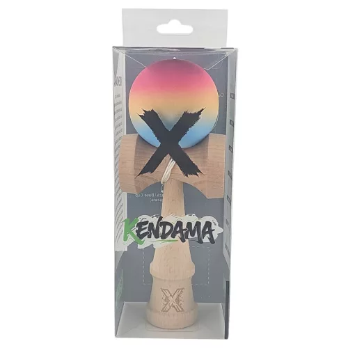 Jucarie lemn Kendama X, originala, profesionala, Rubber Grip, roz/galben/albastru